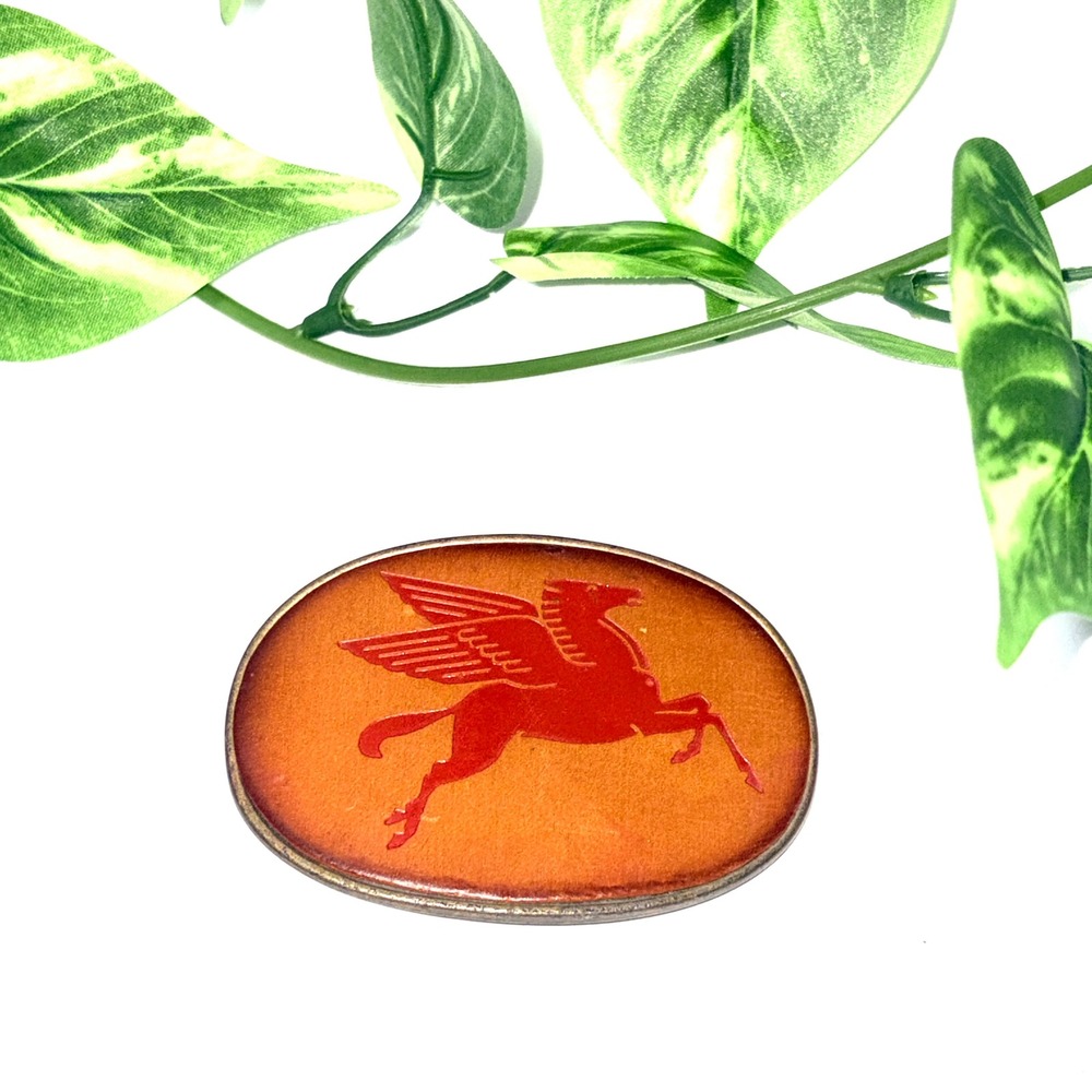 RARE Vtg Pegasus Flying Horse Leather Brass Oval Belt Buckle Red Tan American